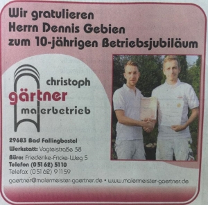 10 Jähriges Jubiläum Malermeister Gärtner